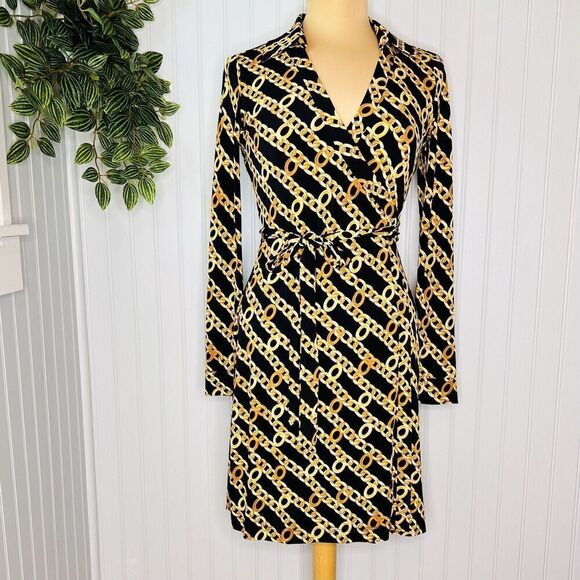 Calvin Klein Sz 4 True Wrap Dress Women’s Navy Gold Chain Print Belt Long Sleeve - Picture 1 of 9